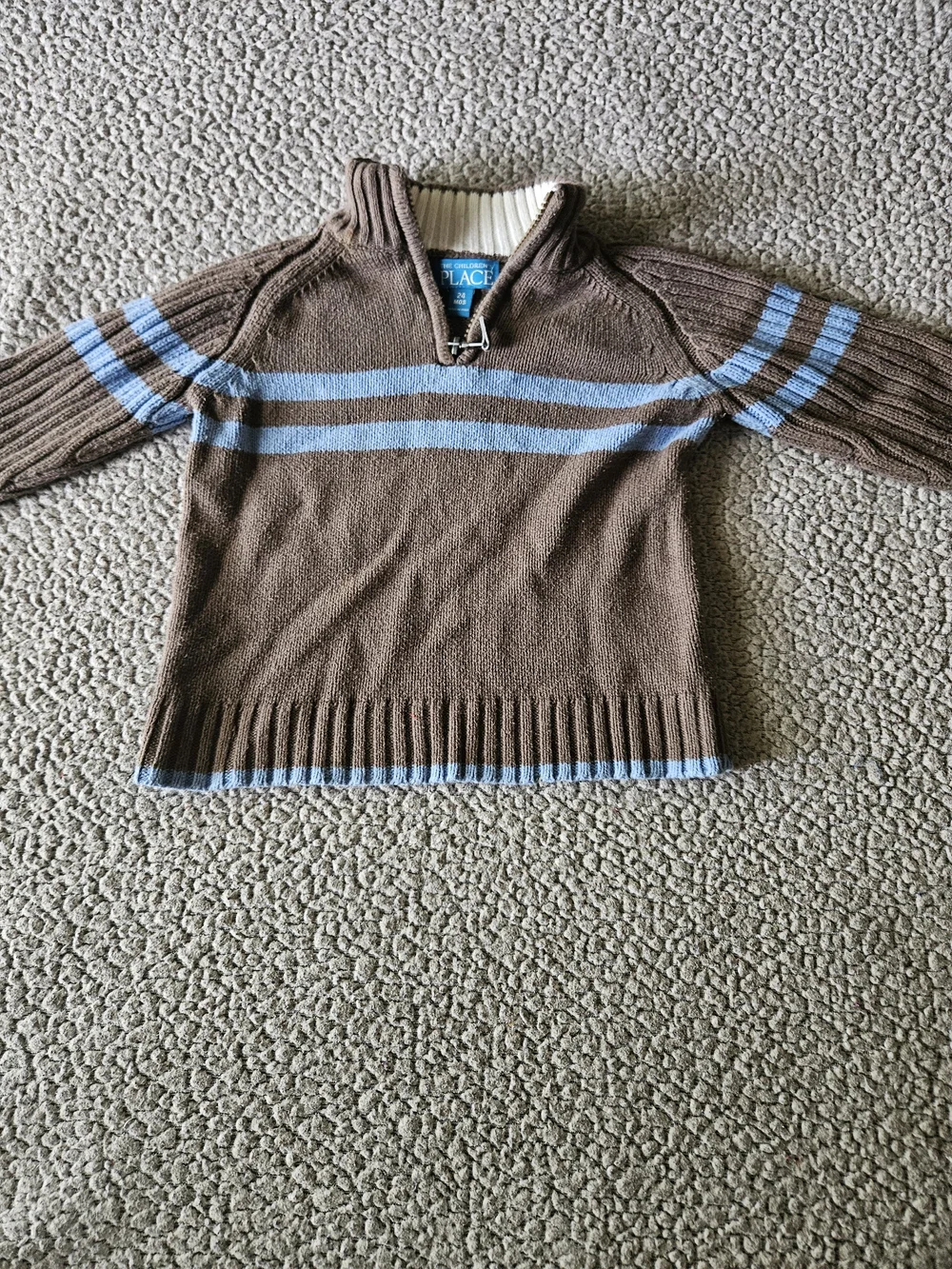 The Children's Place Brown Zip-Up Sweater with Light Blue Stripes
